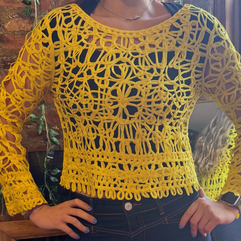 Yellow Crochet Lace Long Sleeve Top